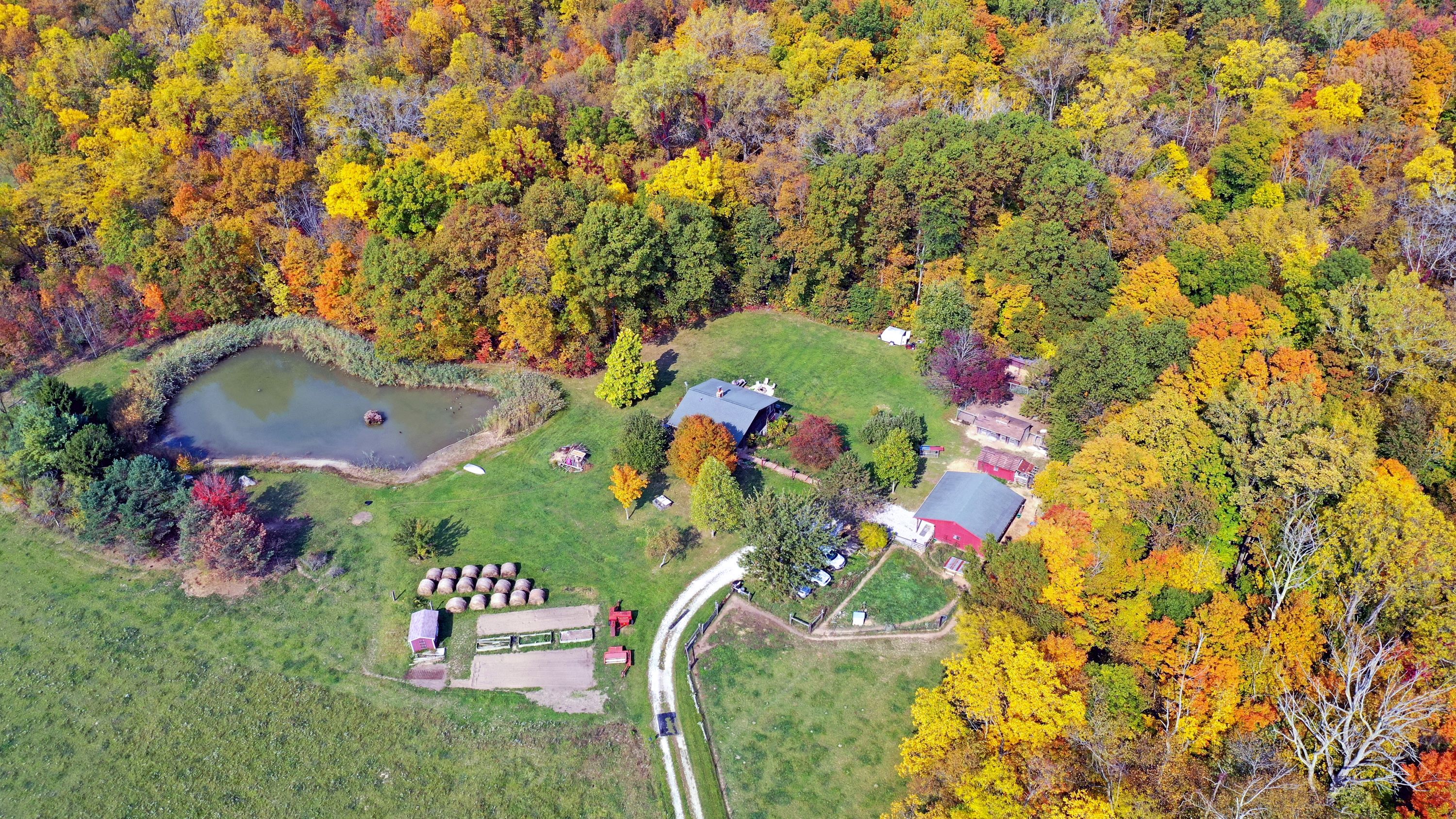 Aerial view of a residential farm and house nestled amidst lush trees, showcasing a serene countryside setting.